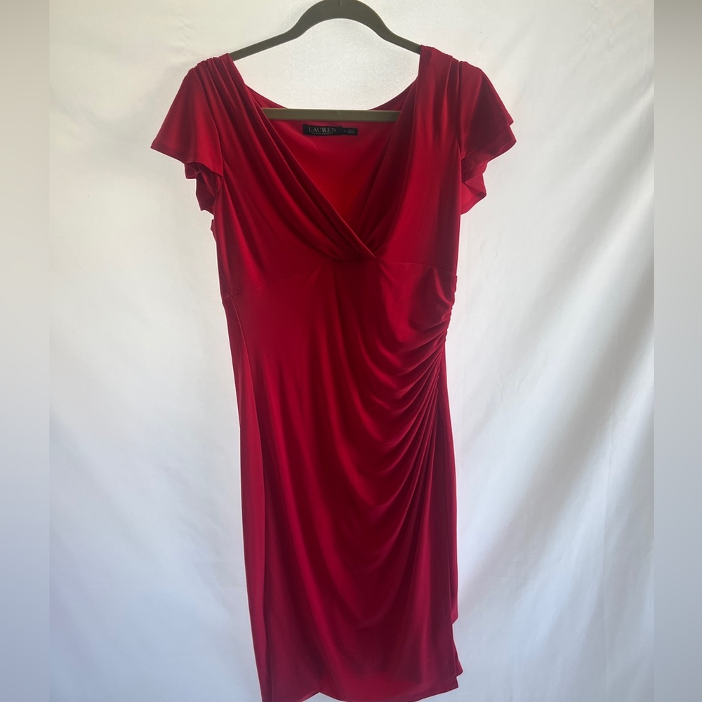 Ralph Lauren v-necked and ruched dress in a beautiful deep rose pink.